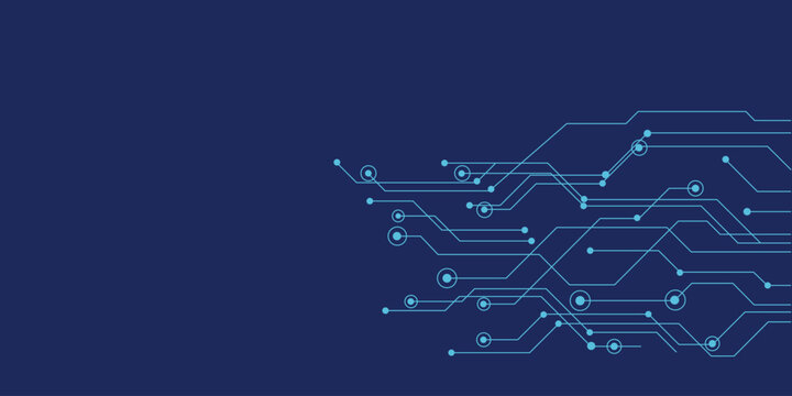 Abstract technological circuit board background with connecting lines and dots on dark blue background. Futuristic hud High-tech technology texture symbol. vector illustration.