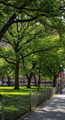 Obraz premium Tall shade trees form a dense canopy over a vibrant green lawn bordering a city sidewalk.