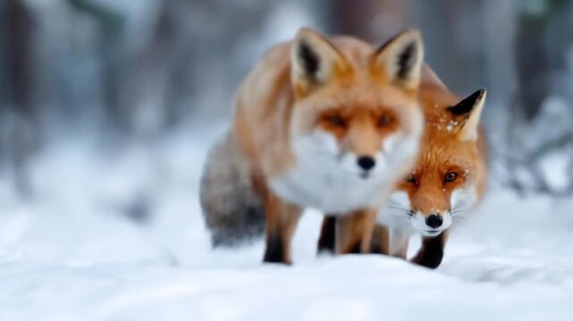Two curious red foxes in snowy forest stride toward camera, warm fur amid cold wintry hush. in snow