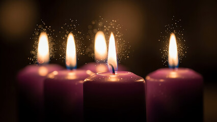 Four lit purple candles on dark background