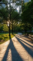 Obraz premium Sunlight streams through tall urban park trees casting elongated shadows across a stone pathway.