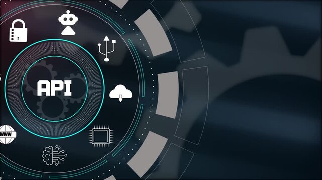 Digital api technology integration interface, with software development icons, and cloud data connectivity.