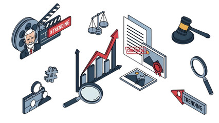 Conceptual isometric design showcasing the intersection of legal trends, data analytics, and media content, symbolizing modern business insights and growth strategies