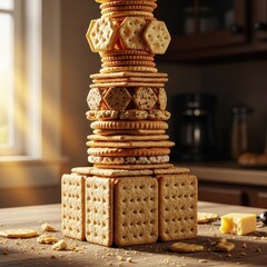 Whimsical cracker construction displaying delicious savory flavor profiles with assorted cheese