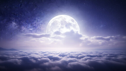 Full moon over clouds and starry night sky