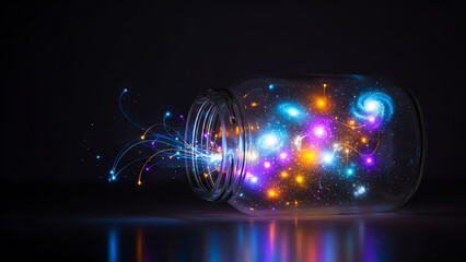 Galaxy in jar with glowing light trails