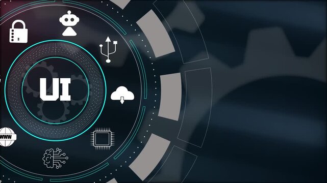 Futuristic user interface development platform, featuring creative design symbols, and advanced software tools