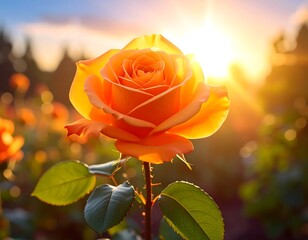 Close-up of a vibrant orange rose, backlit by a warm sunset