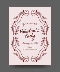 Hand drawn line art Valentine party poster with heart, branches, ribbon bows element. trendy vintage border illustration for invitation, wedding, valentine, birthday party