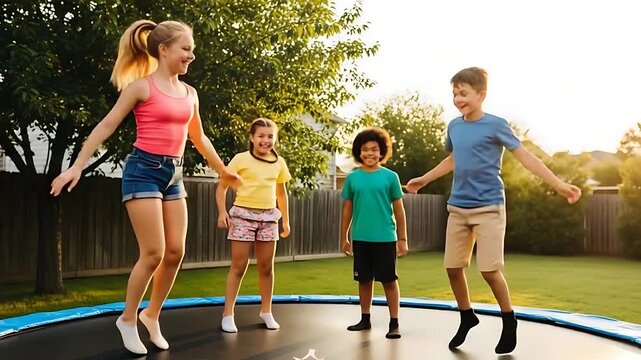 kids trampoline backyard sunny outdoor playtime with friends laughter