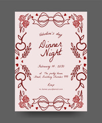 Hand drawn line art Valentine party poster with cherry, floral branches, ribbon bows element. trendy vintage border illustration for invitation, wedding, valentine, birthday party.