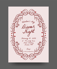 Hand drawn line art Valentine party poster with floral branches, ribbon bows, heart element. trendy vintage border illustration for invitation, wedding, valentine, birthday party.