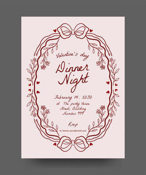 Hand drawn line art Valentine party poster with floral branches, ribbon bows, heart element. trendy vintage border illustration for invitation, wedding, valentine, birthday party.