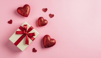 Valentine&rsquo;s celebration featuring red hearts and a gift box on a pink backdrop
