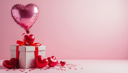 Valentine&rsquo;s celebration featuring red hearts and a gift box on a pink backdrop
