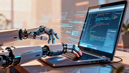 Robot hands coding on laptop - Powered by Adobe
