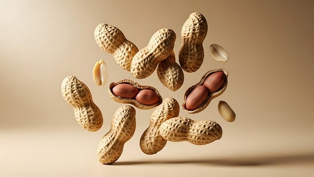 Assorted peanuts in various stages of opening float in mid-air against a neutral beige background