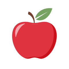 Fototapeta premium Bright Red Apple Icon Illustration with Green Leaf and Brown Stem for Food and Nutrition Designs