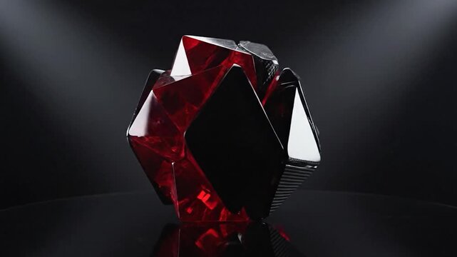 Angular red crystal object with carbon fiber and glossy white accents on a dark surface