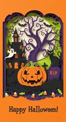 Whimsical Halloween Paper Cut Artwork with Pumpkin, Spooky Tree, and Haunted House Scene