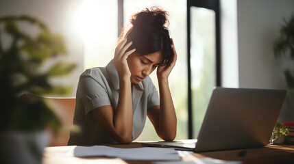 Stressed woman working on her laptop at home.