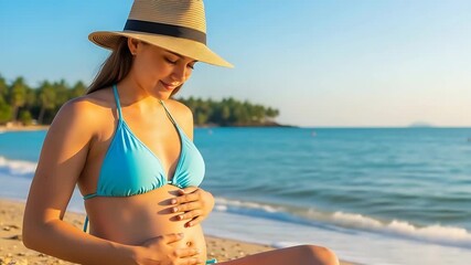 pregnant woman on sunny beach in blue bikini with straw hat maternity moment