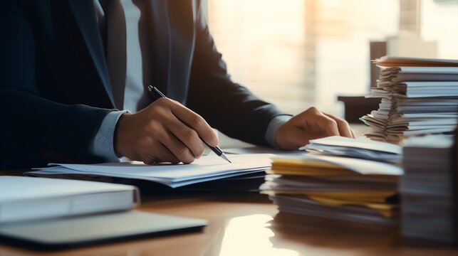 Person writing notes at a cluttered desk.
