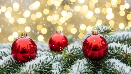 Festive red ornaments hanging on snowy pine branches with sparkling holiday lights creating a warm, cozy winter atmosphere