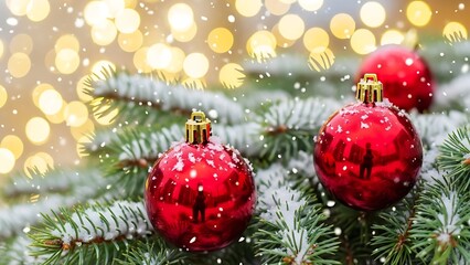 Festive red ornaments hanging on snowy pine branches with sparkling holiday lights creating a warm, cozy winter atmosphere