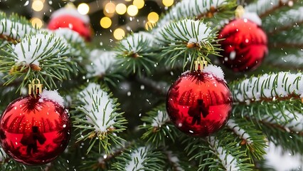 Festive red ornaments hanging on snowy pine branches with sparkling holiday lights creating a warm, cozy winter atmosphere