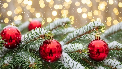 Festive red ornaments hanging on snowy pine branches with sparkling holiday lights creating a warm, cozy winter atmosphere