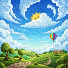 Whimsical journey: Cartoon illustration of a hot air balloon soaring through a dreamy landscape