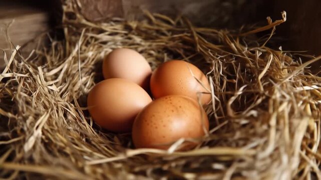 Brown eggs nestled in a straw nest, warm tones and rustic texture in a natural setting. Calm, quiet