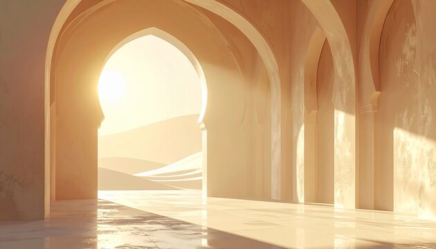 Sunlit architectural arches casting long shadows in a serene desert landscape, evoking tranquility and warmth