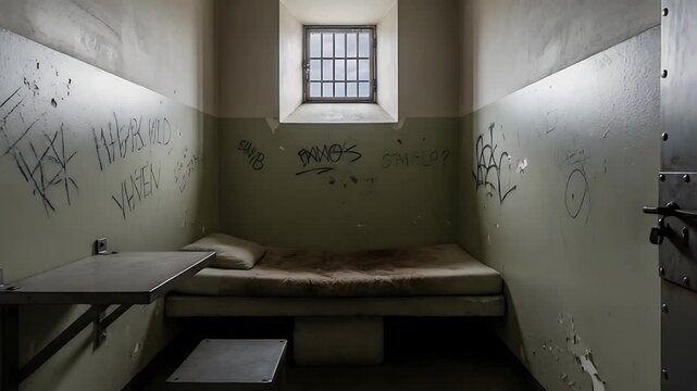 prison cell interior with graffiti, small window, bare bed and stool