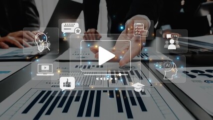 Dynamic workplace scene showing business professionals analyzing data with digital overlays, emphasizing collaboration and modern analytics in decision-making. Raster - Powered by Adobe