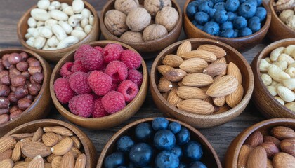 Top-down arrangement of wooden bowls holding mixed nuts and berries as wholesome snacks