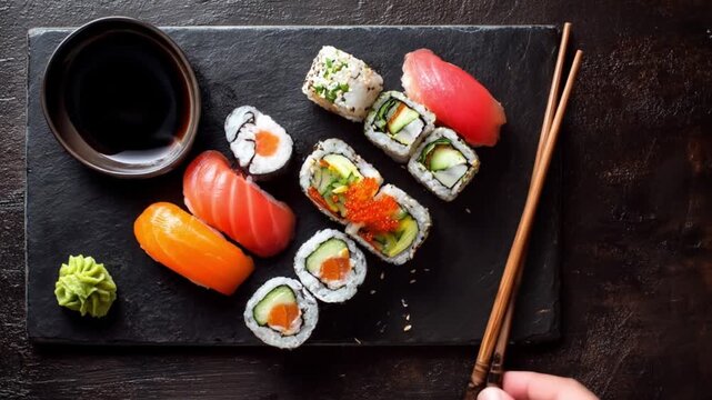 Slate platter of assorted sushi nigiri and rolls wasabi, soy, and chopsticks ready for dipping now