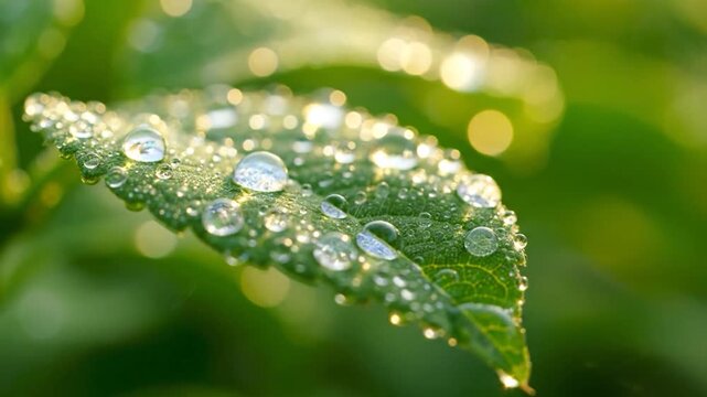 Close-up of a green leaf with water droplets, natures beauty.