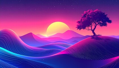 Silhouette tree under vibrant sunset sky with rolling hills and ocean waves at dusk