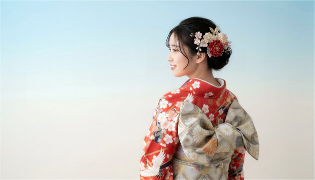 振袖の帯結びと華やかな髪飾りを見せる女性の後ろ姿