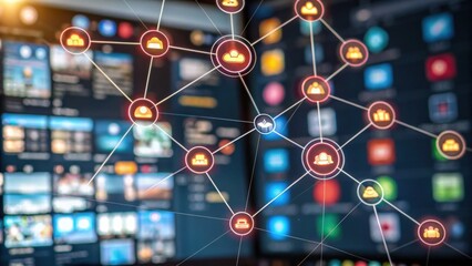 A digital network visualization showing interconnected nodes representing various media and applications on a screen.