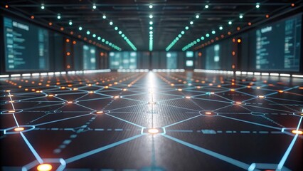 A futuristic digital space with glowing interconnected nodes, displaying data on screens and illuminated pathways on the ground.
