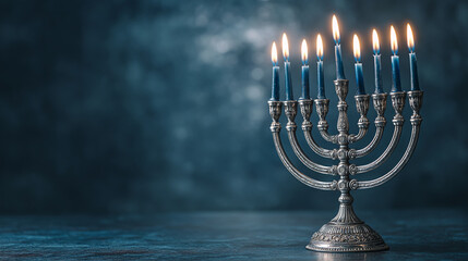 Fototapeta premium Silver Hanukkah Menorah with Lit Blue Candles Against Textured Blue Background