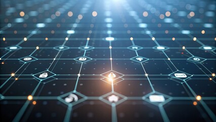 A futuristic digital grid displays interconnected icons and data points, symbolizing technology and interconnectedness.