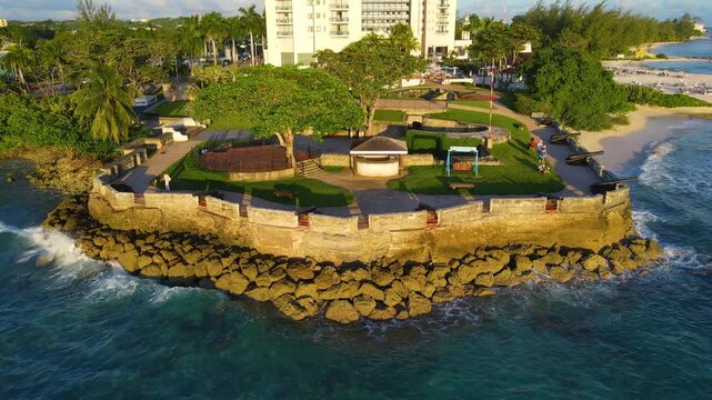 Charles Fort aerial view at sunset at Needham's Point in historic city of Bridgetown, Saint Michael, Barbados. Historic Bridgetown and its Garrison is a UNESCO World Heritage Site since 2011. 
