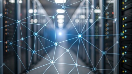 A digital network overlaying a server room, showcasing connections between data nodes in a modern data center environment.