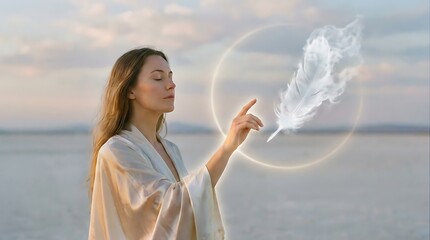 Woman Reaching Out to a Glowing Ethereal Feather in a Spiritual Landscape