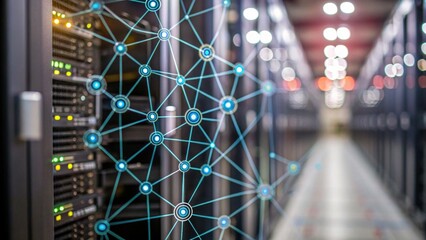 A close-up of server racks in a data center, featuring a network visualization overlay, illustrating connectivity and technology.