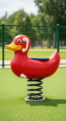 Whimsical ruby duck spring rider bringing joy and vibrant color to the playground landscape